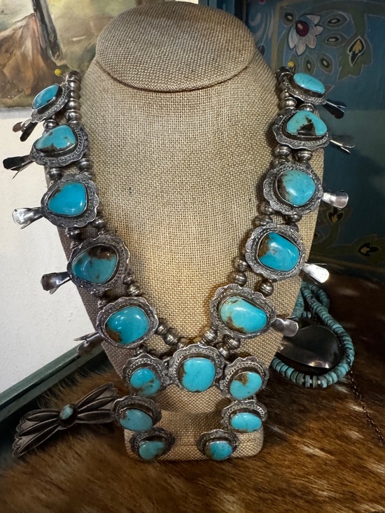 Genuine Turquoise and Sterling Silver Bench Beaded Squash Blossom and Naja Pend - Picture 3 of 4